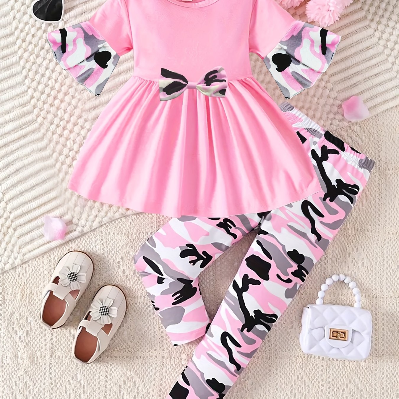 Image of Girls' Spring/autumn 2pcs Set: Solid Color Round Neck Short Sleeve Dress With Bow And Camouflage Print Long Pants, Casual And Fashionable Outfit For Young Children, Perfect For Outdoor