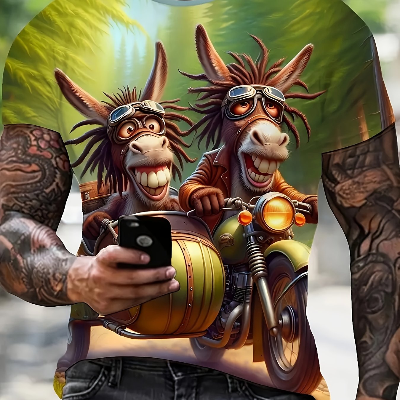 TEMU Plus Size Men's Cartoon Donkey Riding Motorcycle Casual Print T-shirt - Round Neck, Solid Color Cartoon Short Sleeve, Fashion Letter T-shirt,