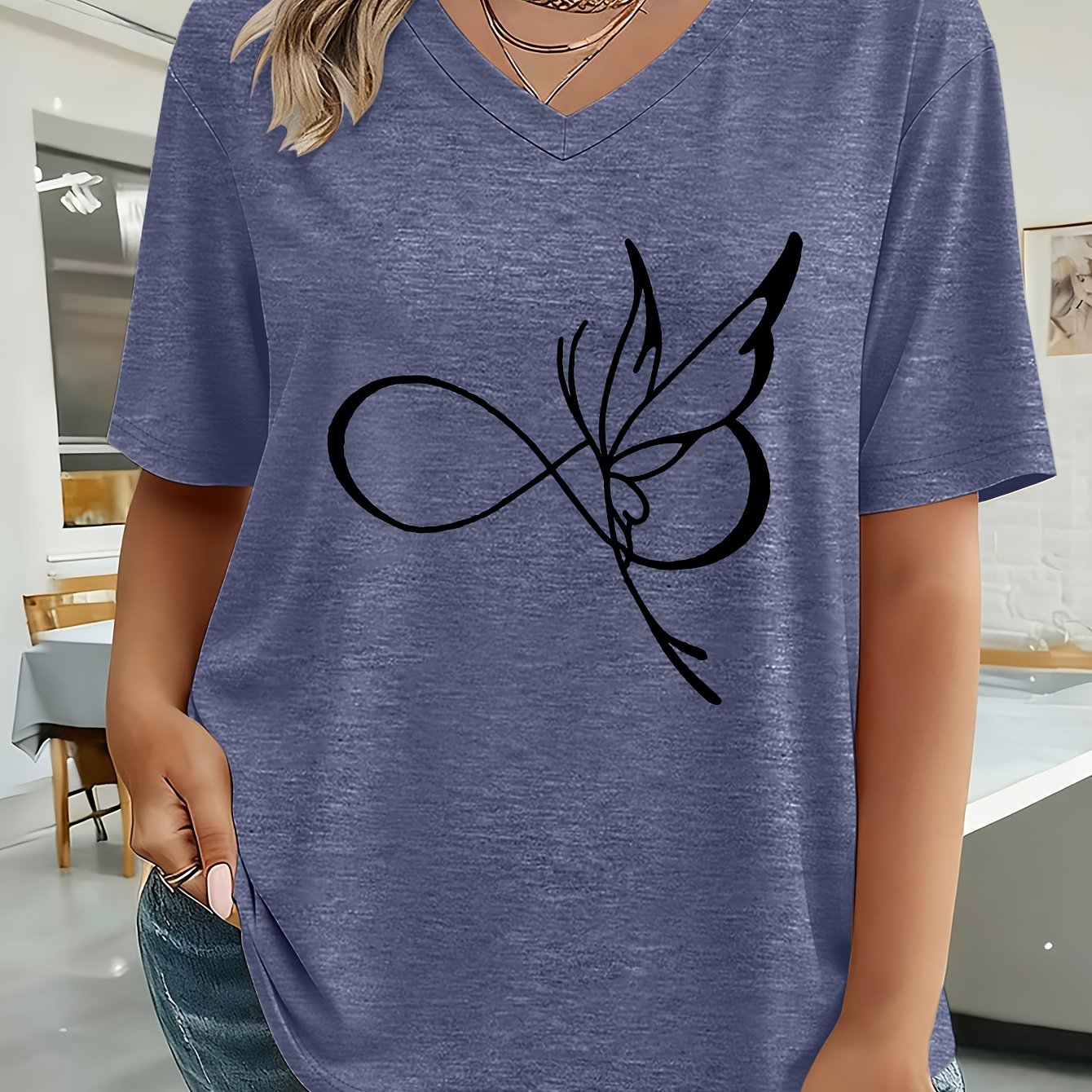 TEMU Plus Size, /summer Plus Size Women's Fashion Minimalist Print Loose Drop Shoulder Short Sleeve T-shirt, High-quality Casual V-neck Top, Cute