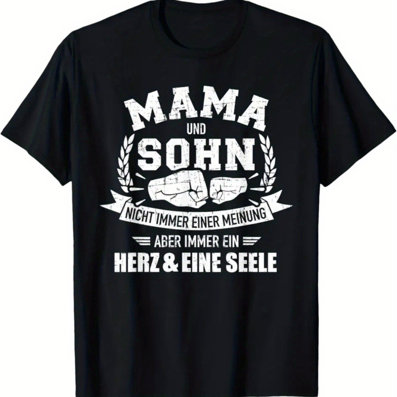 Image of Mother & Son Matching T-shirt | German Mama & Sohn Herz & Eine Slogan, Black With White Print, Casual Round Neck Short Sleeve Shirt For Family Bonding, , Machine Washable Adult Apparel