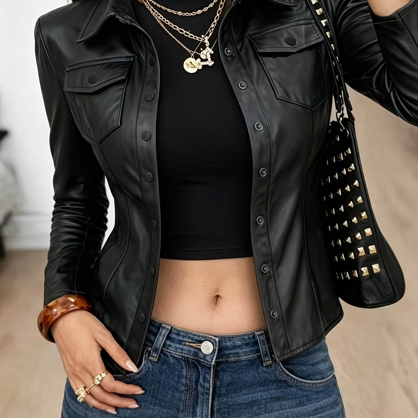 TEMU Women's Fashionable Slim-fit Elegant -sleeve Outer Jacket With Lapel And Front Slit Design For Daily Commuting, Solid Color Machine-washable