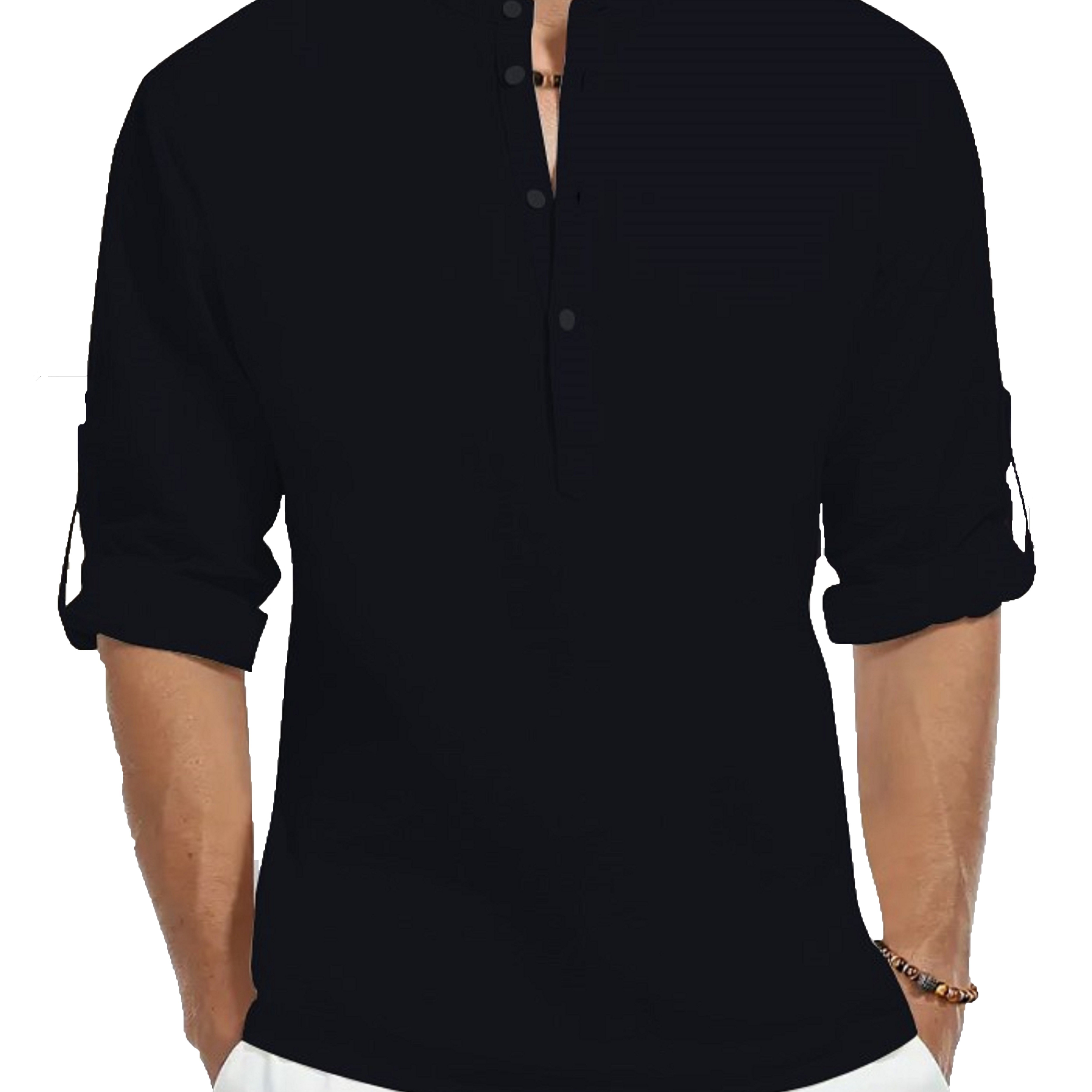 Image of Men's 100% Casual Long Sleeve Shirt, Solid Color Stand Collar Fashion Outdoor Shirt, Men's Tops