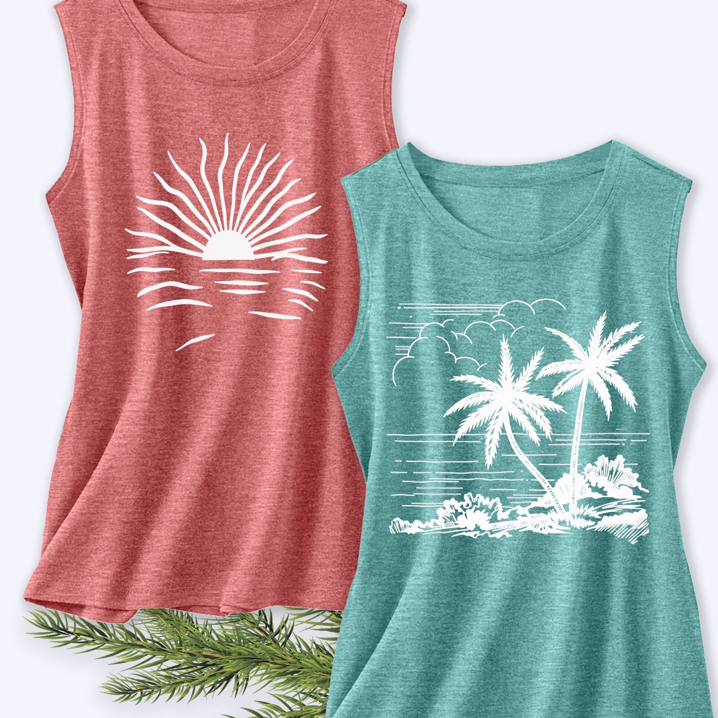 TEMU Two-pack Women's Tank Tops With Seaside Coconut Tree Print, Elegant Summer Party Apparel, Sleeveless Tank Tops, A Must-have Summer Fashion Item