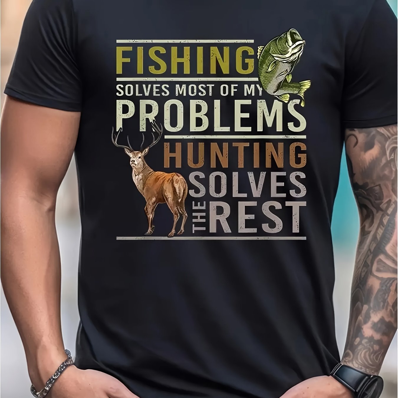 TEMU T-shirt Rétro de Pêche et de Chasse pour Homme - T-shirt d'Extérieur Léger et Respirant avec Motif Cerf et Poisson, Convient aux Chasseurs,