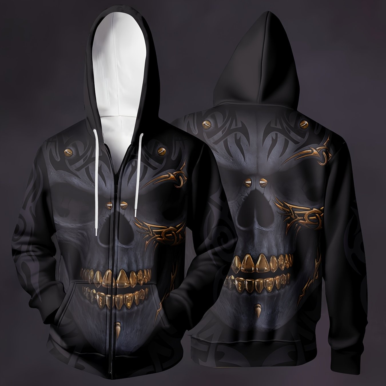 TEMU Spring/autumn Halloween Skull Loose Mature Casual Men's Zip-up Sweatshirt Jacket