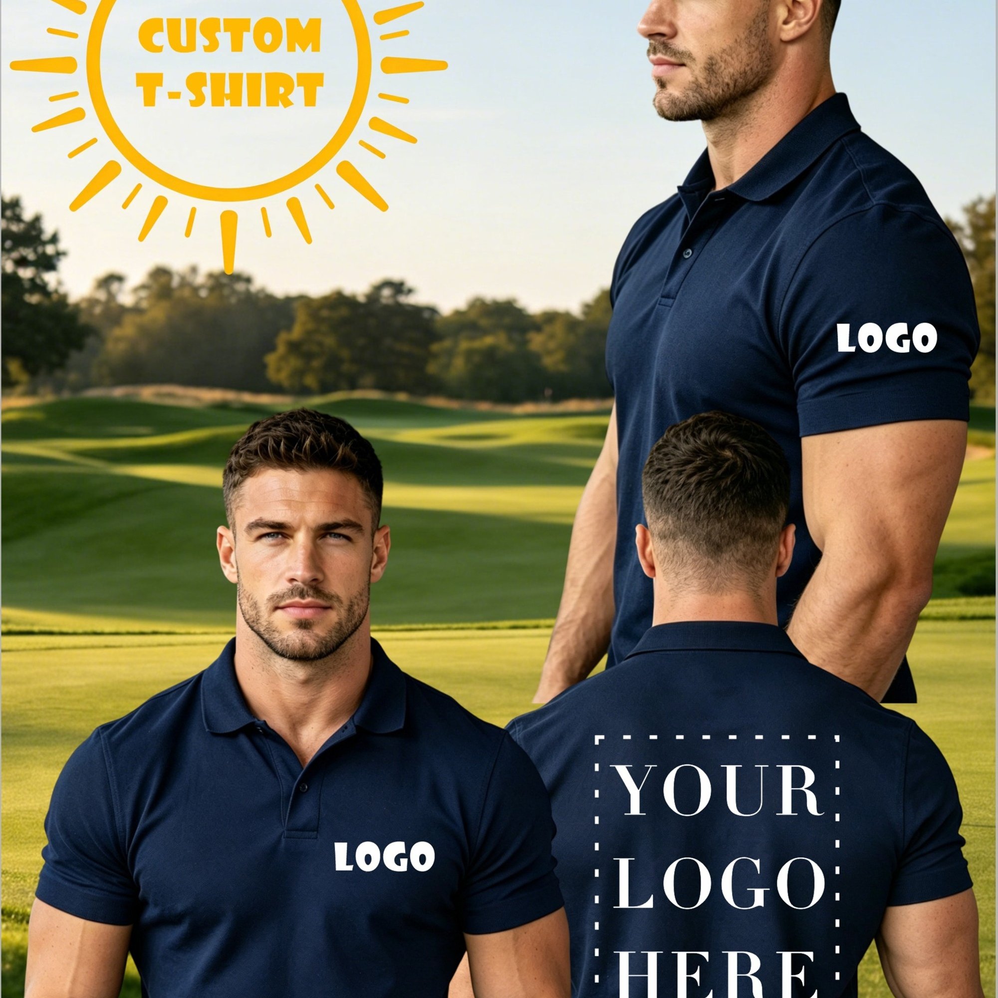 TEMU Customizable Men's Casual Lapel Short Sleeve T-shirt, Shirt Customization, Front Chest Sleeve Back 3 Areas Customizable Logo Pattern, Summer
