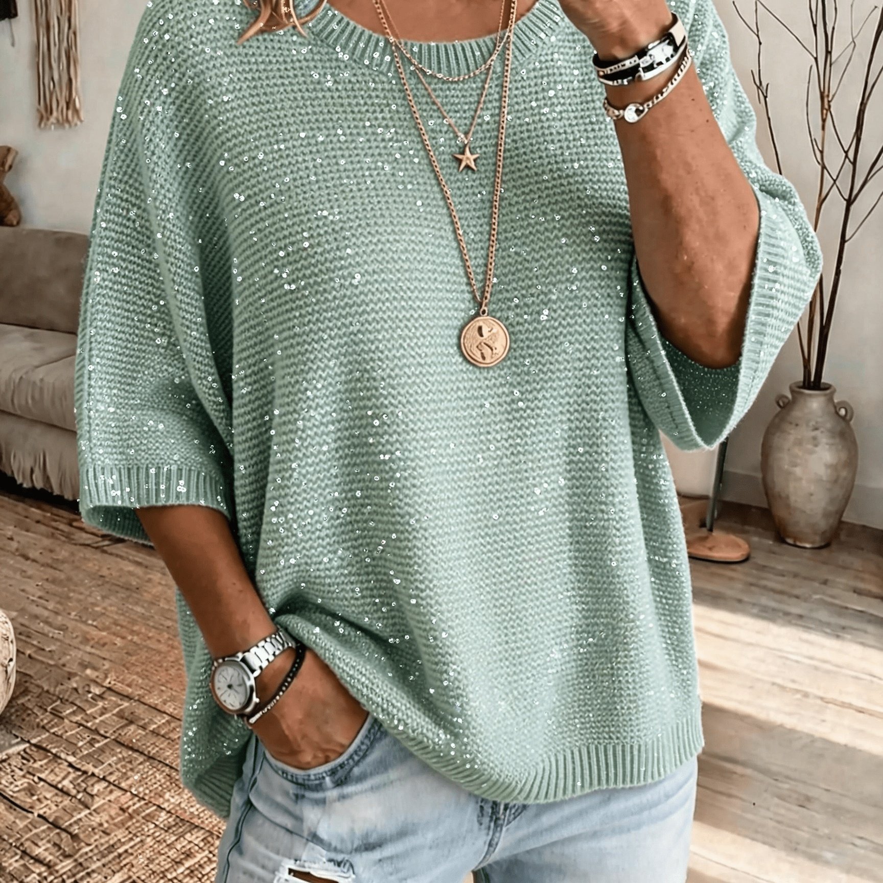 TEMU Plus Size, Women's Loose-fit Slouchy Batwing Three-quarter Sleeve Pullover Top Glitter Sequins, Round Neck, Breathable Textured Solid Color,