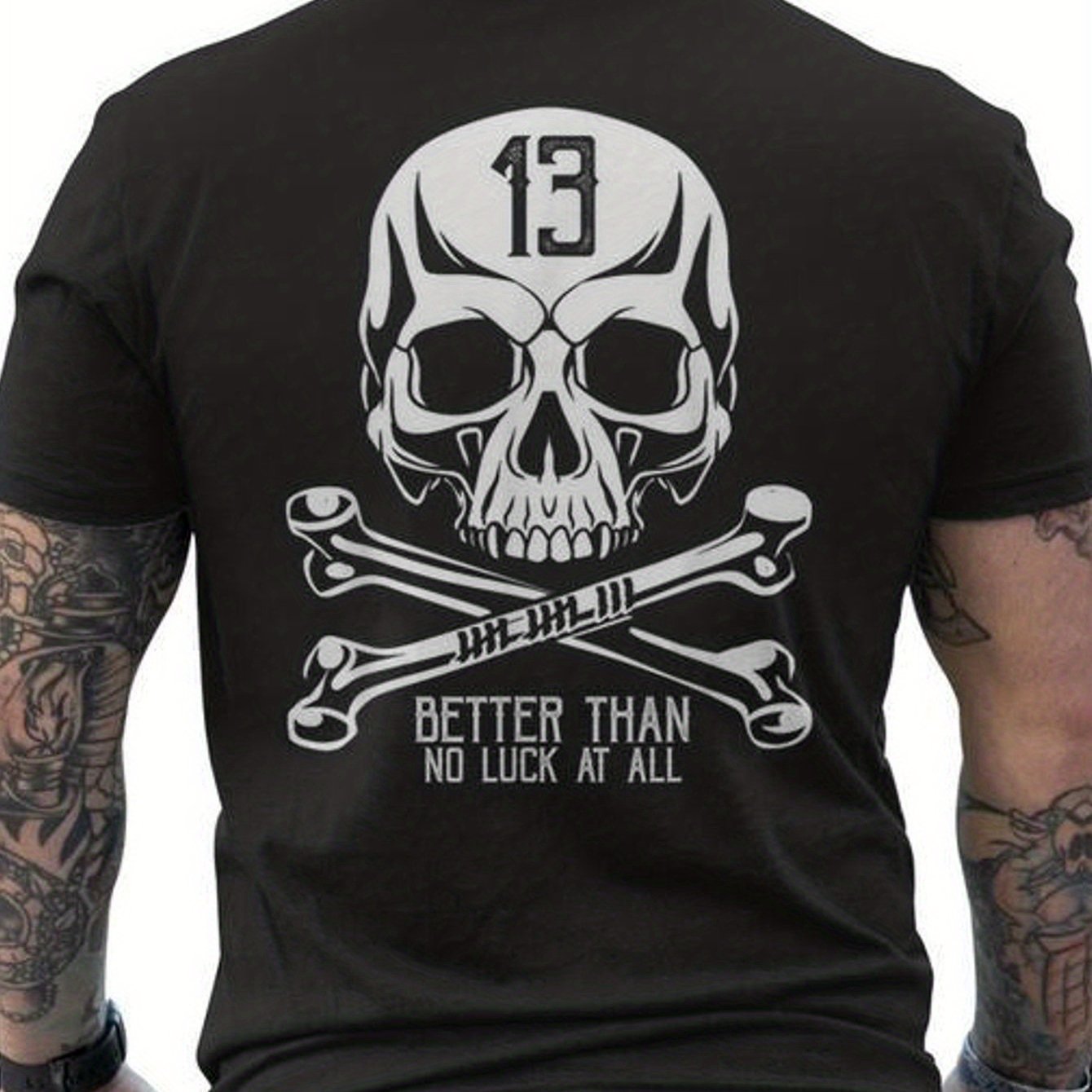 Image of Better Than At All Luck Gothic Skull Men's T-shirt With Back Print - Men's T-shirt - Crew Neck - 100% Cotton - Comfortable And Soft Fabric - Casual Short-sleeved T-shirt