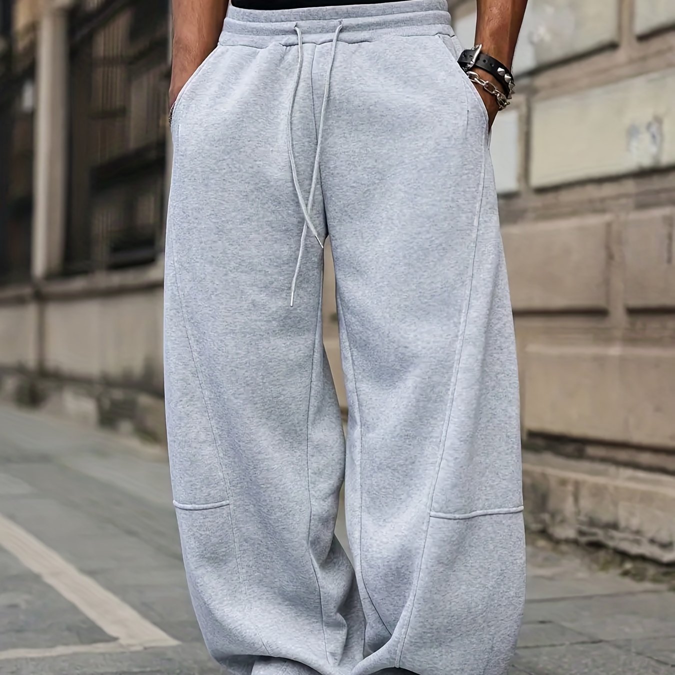 TEMU Men' Color Athletic Wide-leg Pants, , Elastic Waist With Drawstring - Polyester, Casual Running Sports Fitness Outdoor Trousers