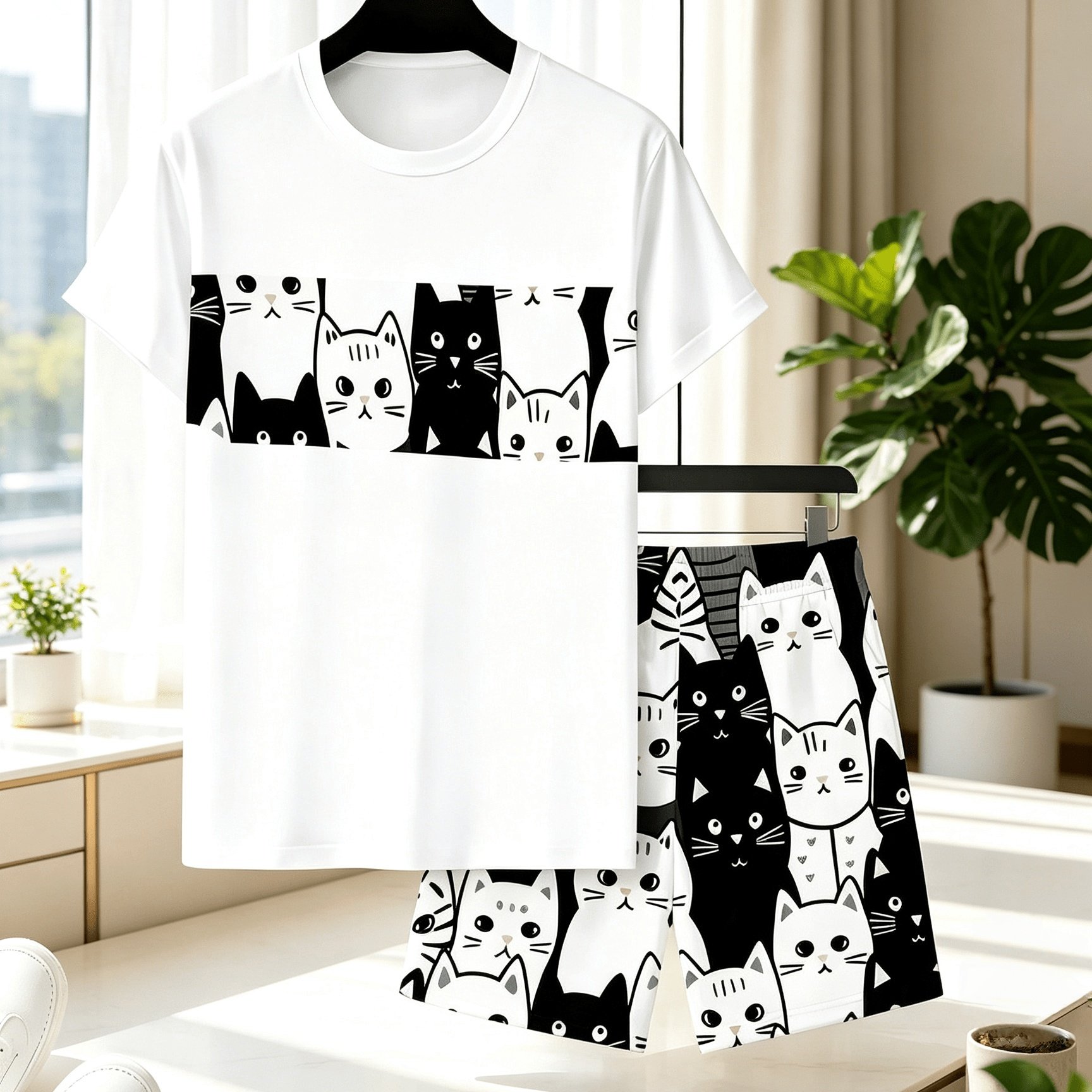 TEMU Ultimo completo da casa da , set maglietta a maniche corte con e pantaloncini, stampa gatto cartone animato e , abbigliamento da casa casual per