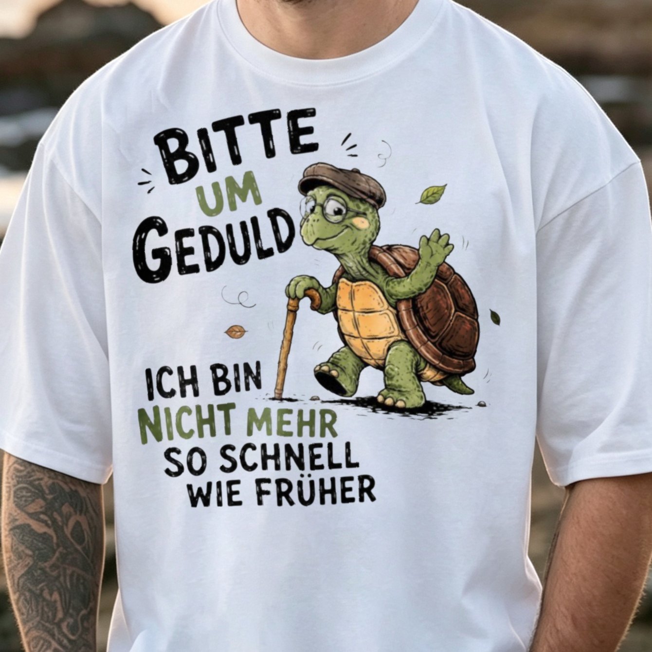 Image of Men's Plus Size T-shirt Funny Cartoon Turtle Graphic Men's T-shirt Humor German Text Summer For Dad Grandpa Or Elderly