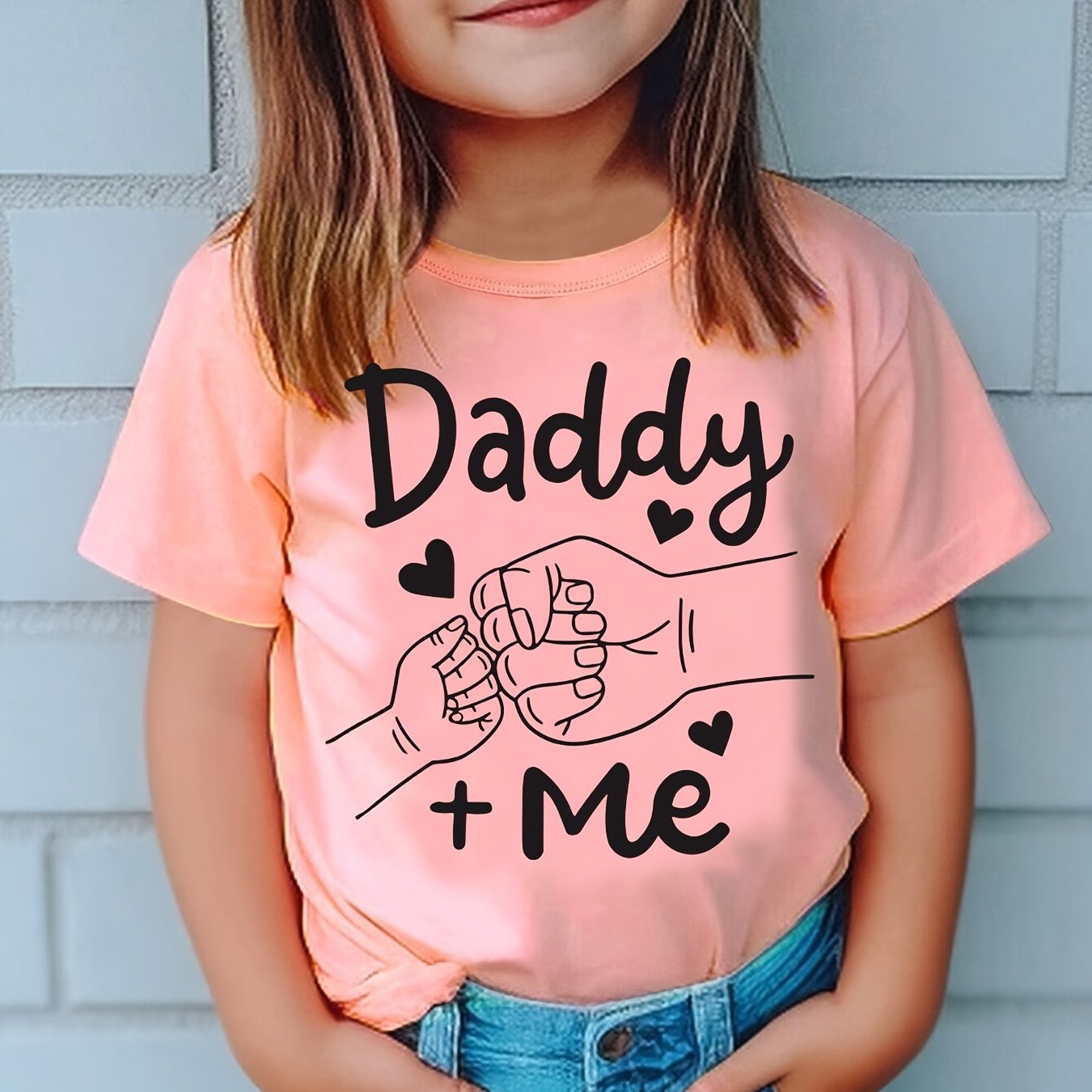 Summer Girls' Fashion Short-sleeve T-shirt With "daddy + Me" Letter Print, Cute Casual Top For Kids