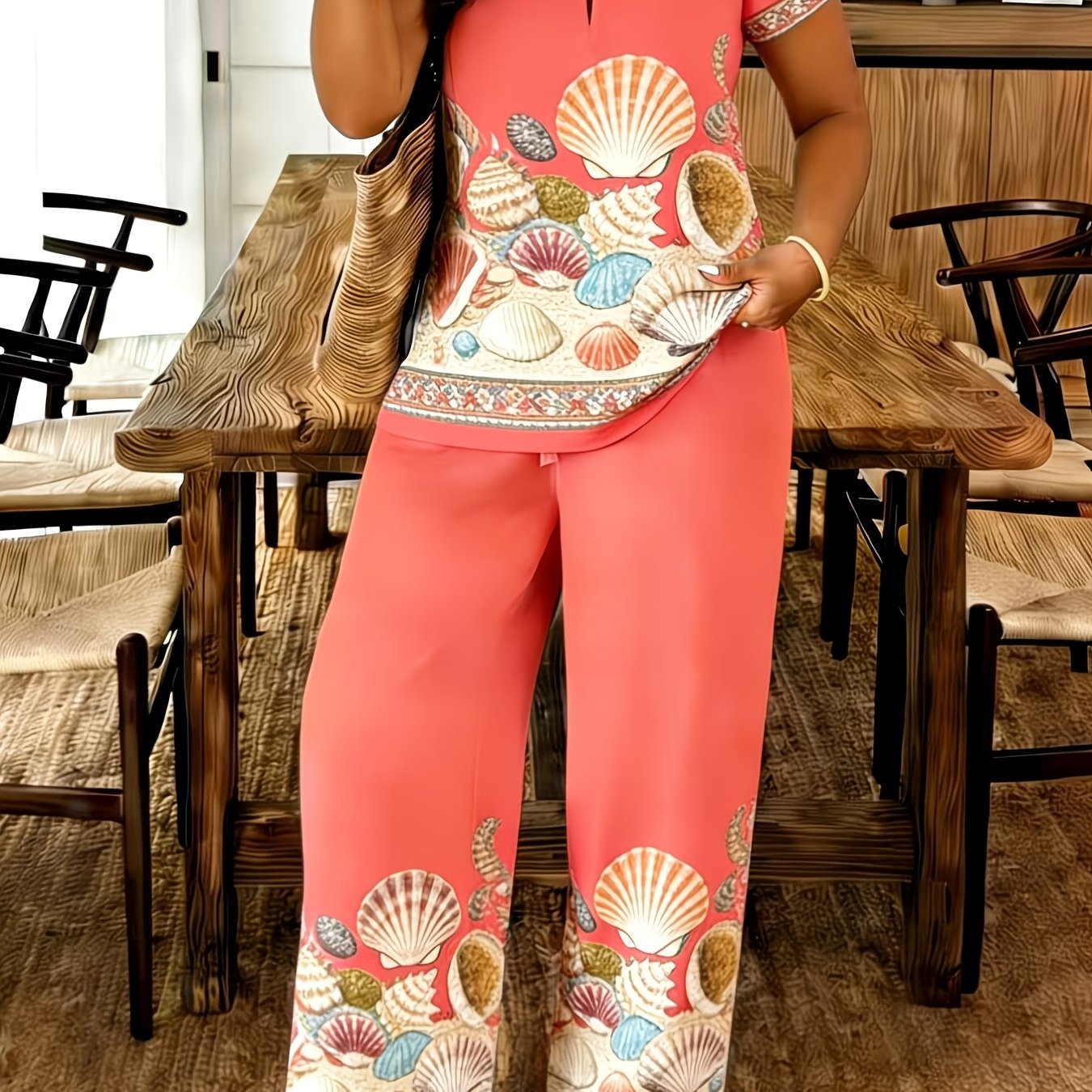Image of Bohemian Geometric Print Two-piece Set: Women's Casual Short-sleeve Keyhole Neck Top And Wide-leg Pants Outfit Ethnic Style Loungewear Set