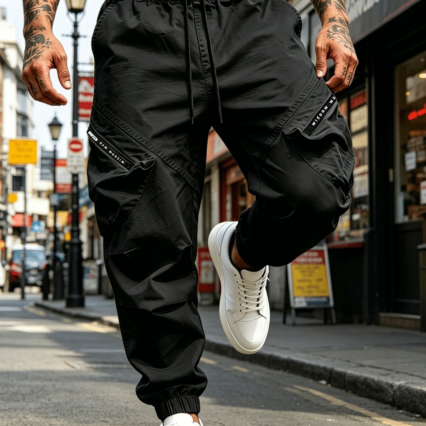 TEMU Geng Yuanshi Product: Men's Cargo Pants With Zippered Three-dimensional Cargo Pockets, Adjustable Drawstring Waist, And Multiple Large Storage