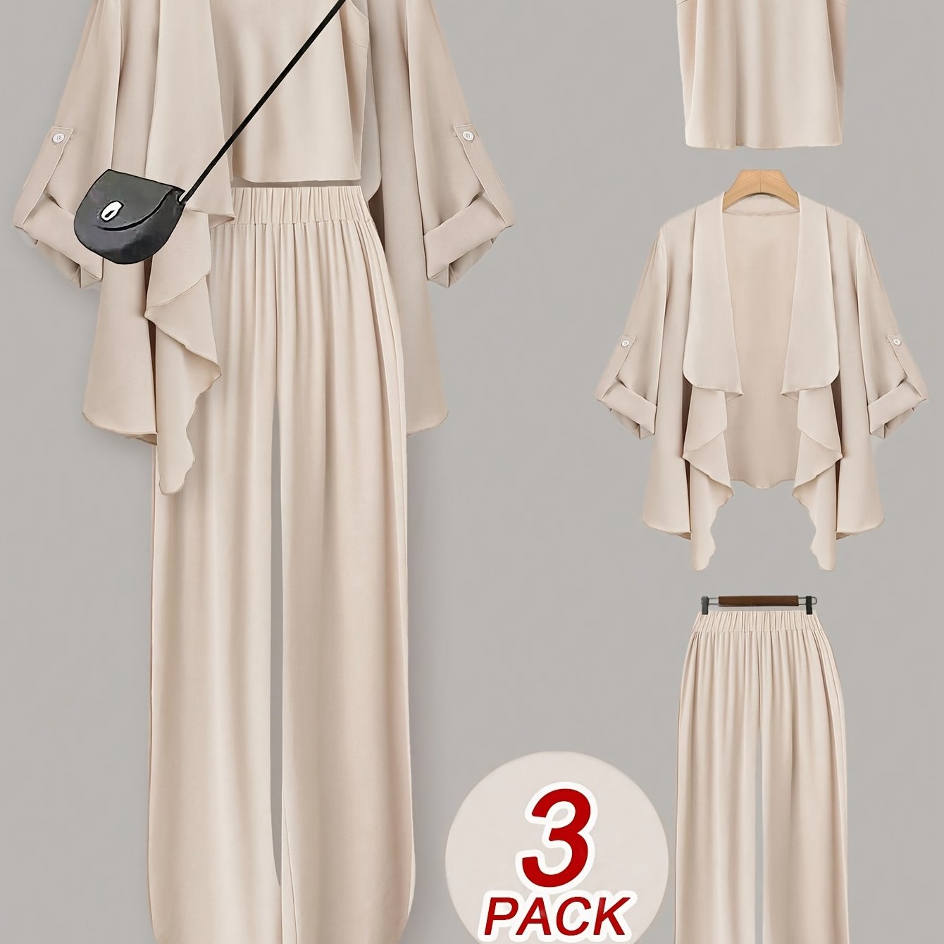 Plus Size, Plus-size Women' Color V-neck Camisole + Pants + Design- Irregular Coat Three-piece Set
