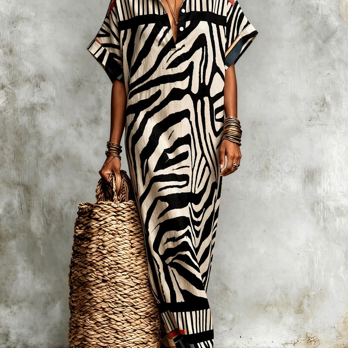 Image of Women's Short-sleeve Shirt Long Dress, Black And White Zebra Pattern Ethnic Stripe Splicing Printing, Elegant Women's Long Dress, Fiber, Machine Washable, Casual Vacation Commuting Wear