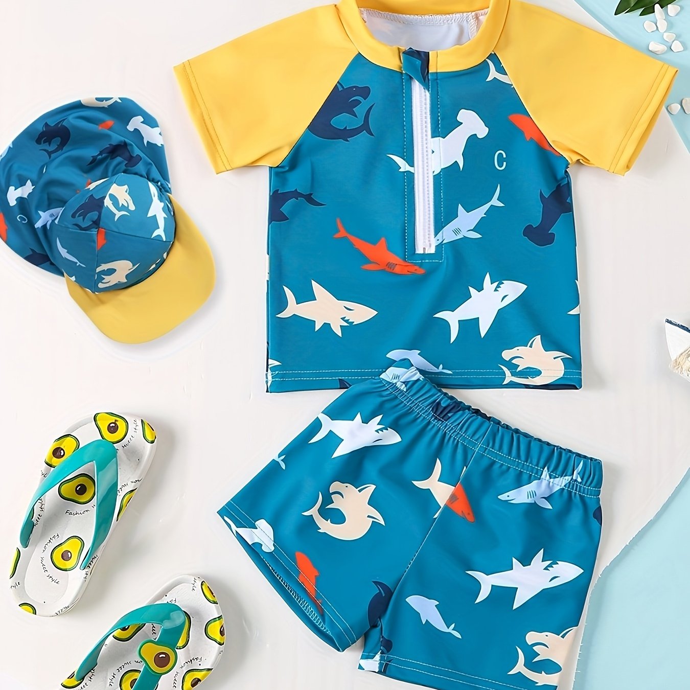 Image of Children's Cute Printed T-shirt Set With Swimsuit, Swim Cap, And Quick-dry Beach Swimwear,boys And Girls Clothes
