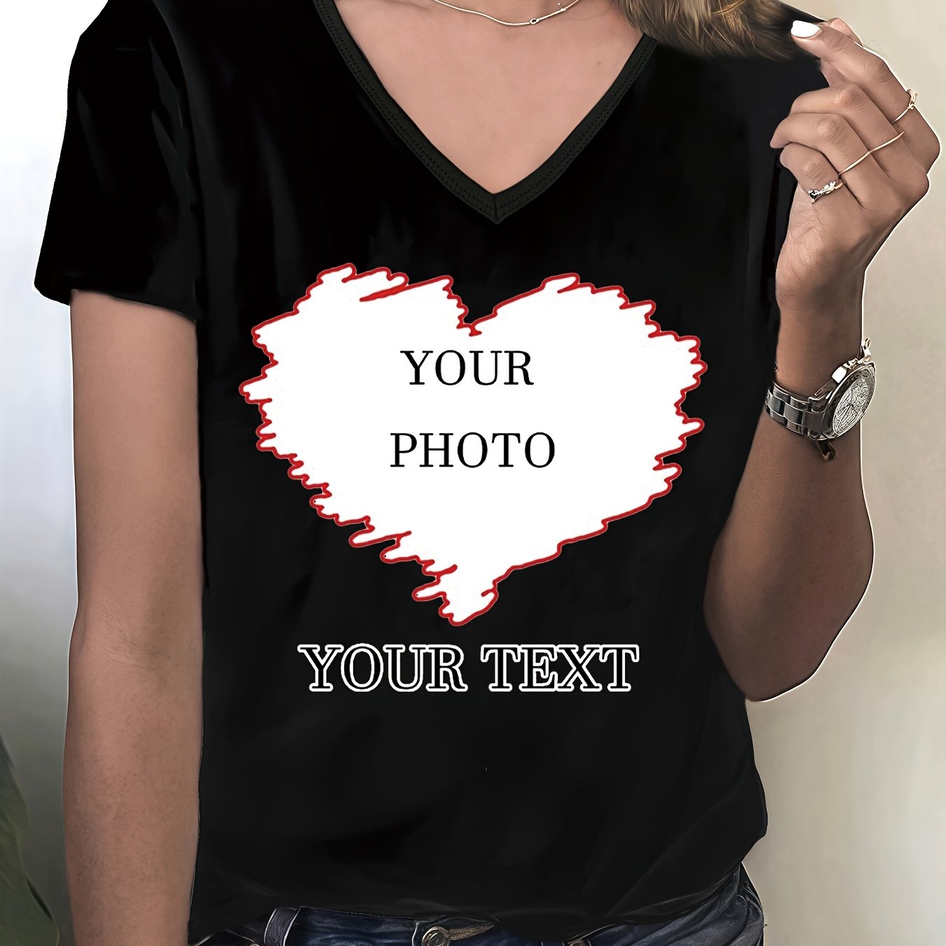 TEMU Custom V-neck T-shirt For Women, Custom Printed T-shirt From Image