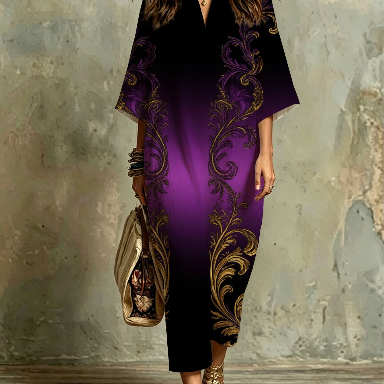 Image of Plus Size - Fashion Casual Kaftan Dress With Purple Background And Golden Embossed Floral Scroll Patterns, Comfortable, Breathable, Elegant, Versatile For Beach Vacations, Evening Parties, Casual