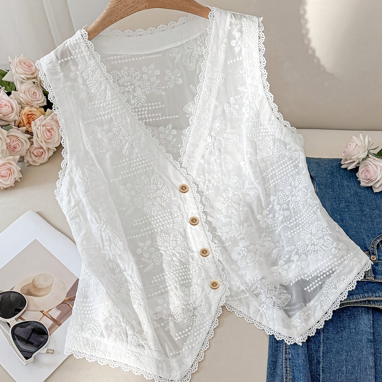 TEMU Fashionable And Elegant Women's Embroidered Shirt With Lace Trim , Front-open Blouse, Solid-color Women's Top, Breathable V-neck Shirt,