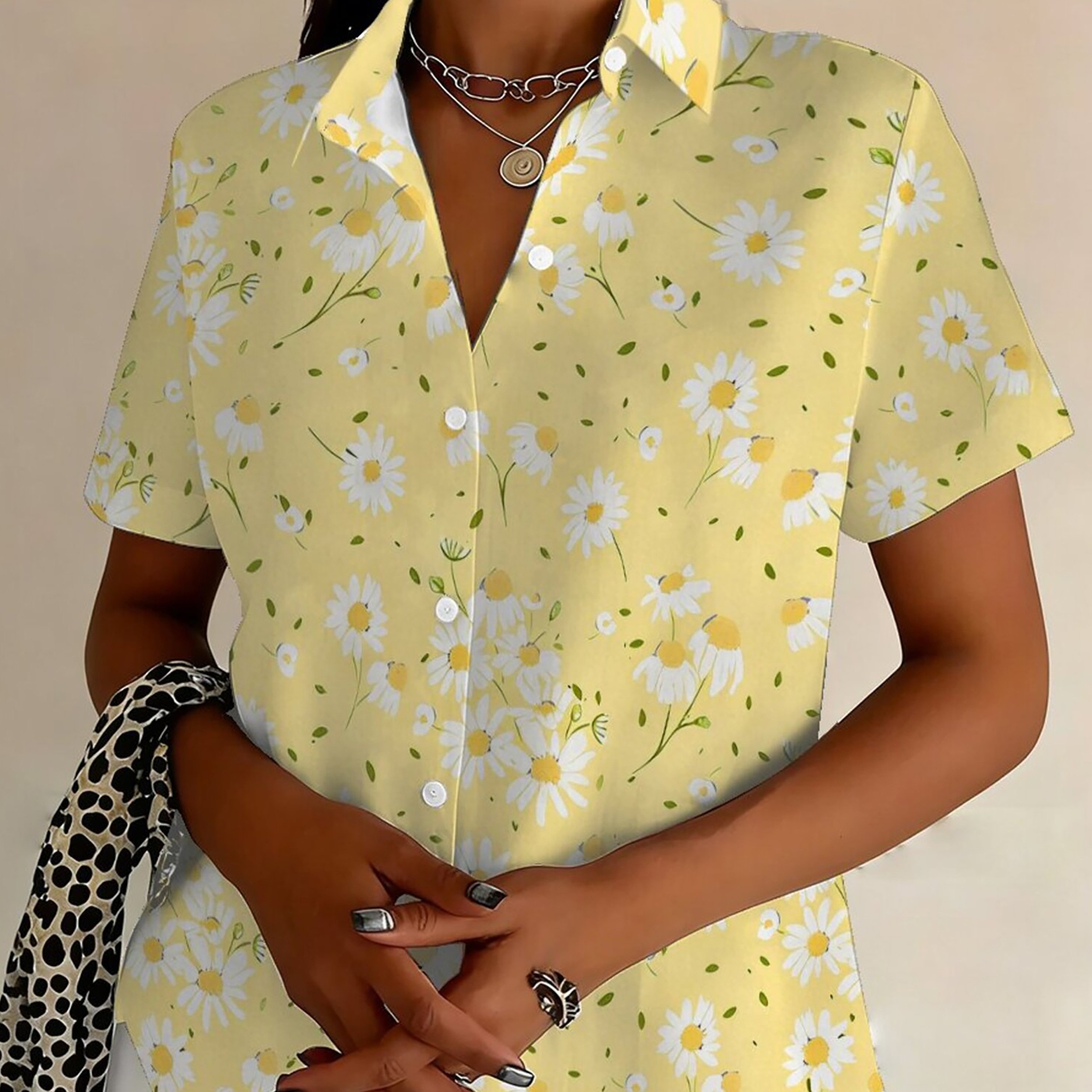 TEMU Plus Size, Women's Casual Personality Short Sleeve Daisy Print Plus Size Button- Shirt Fashion Lapel Cardigan
