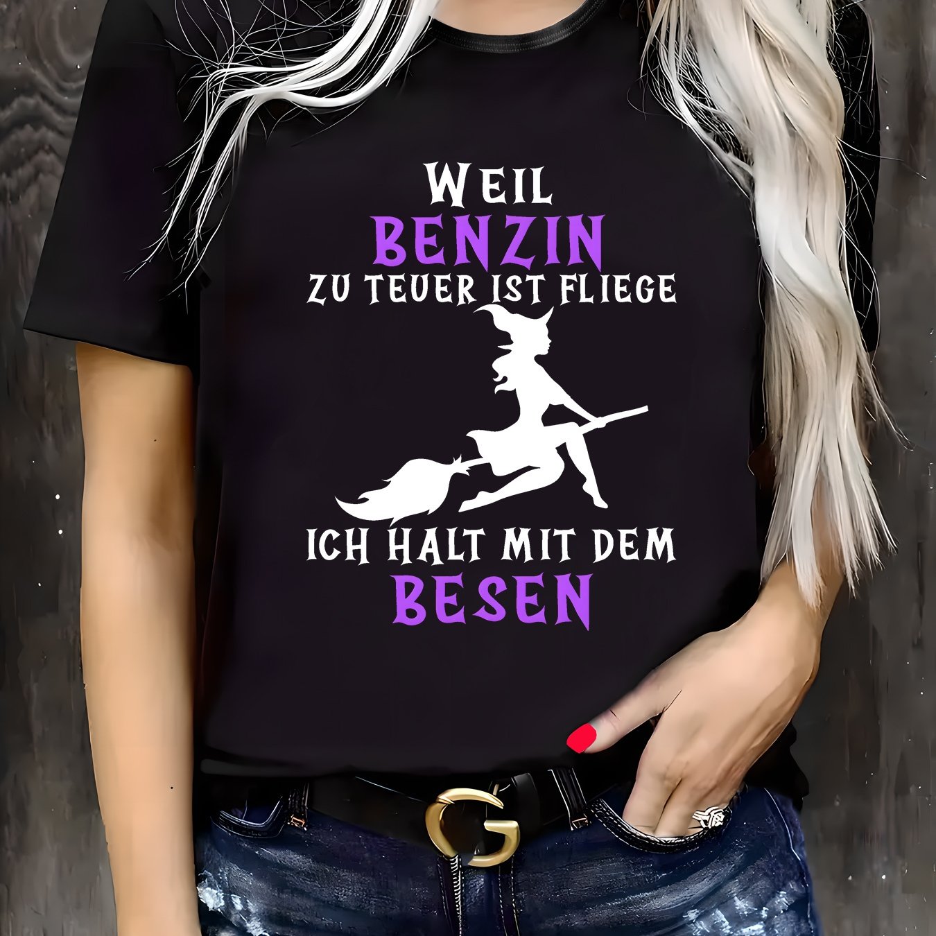Men's Bohemian On Broomstick & German Quote Graphic T-shirt - Black With Purple Print, Fabric, Regular Fit Round Neck Short Sleeve, Machine Washable Casual Top For Halloween & Casual Attire, Durable