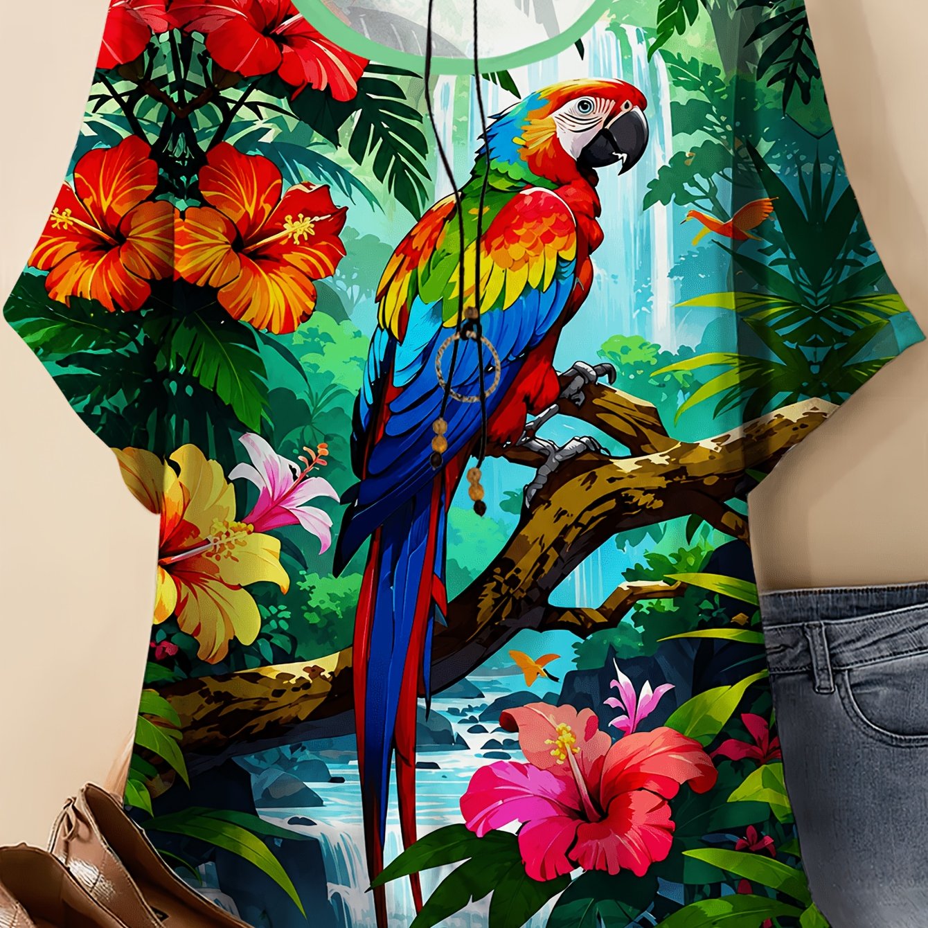 TEMU T-shirt grande taille pour femme avec imprimé perroquet coloré - Blouse à manches courtes et col rond pour tenue décontractée et plage, haut