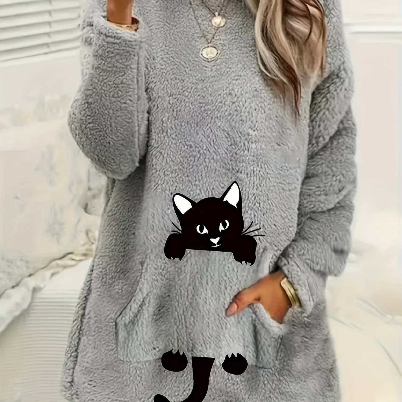 TEMU 1pc Women's Neck Long Polyester Sweatshirt Cat And , / Thick