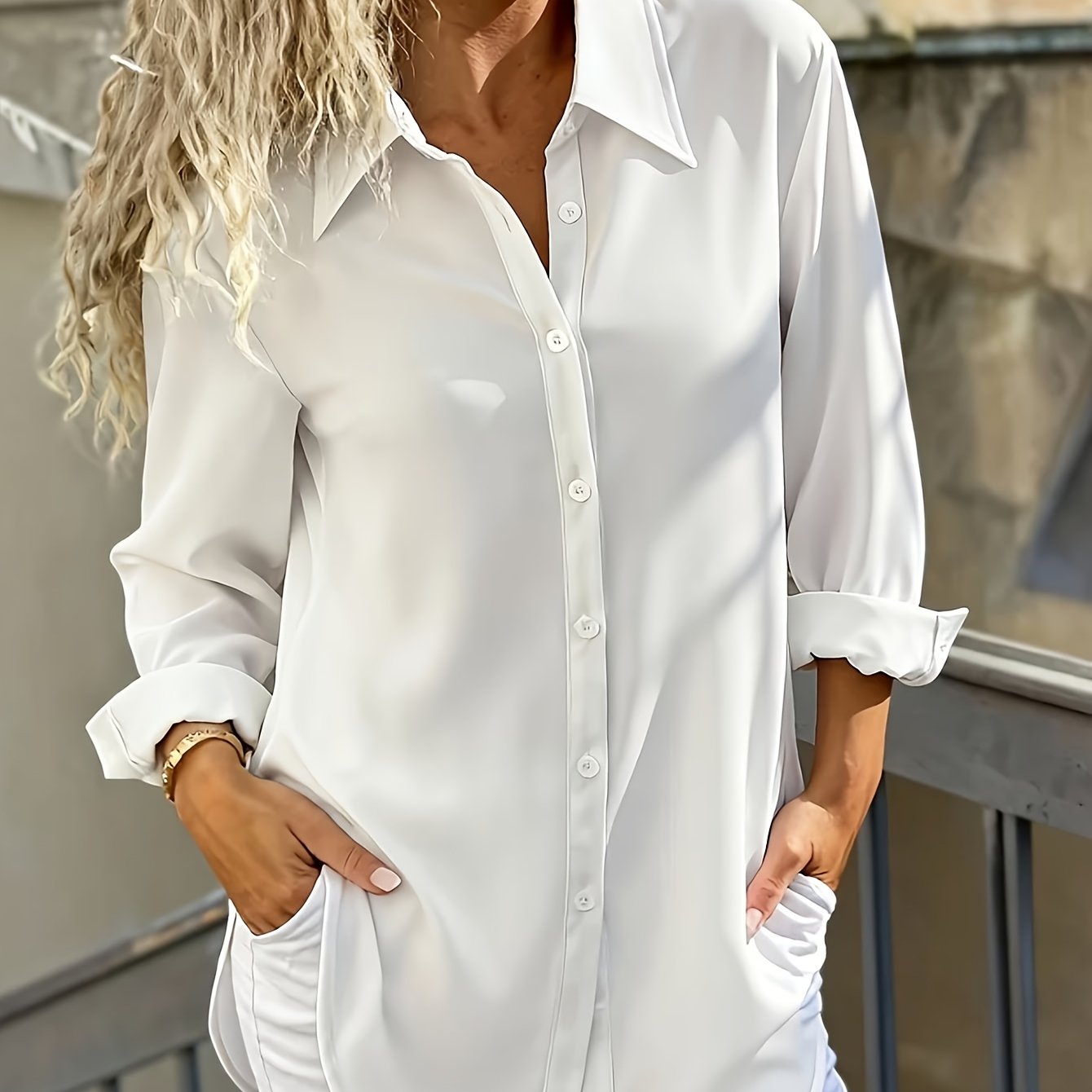 TEMU Women' Color Long Sleeve Shirt, Classic White, Fashionable And Elegant Versatile Style Long Sleeve Button-up Shirt