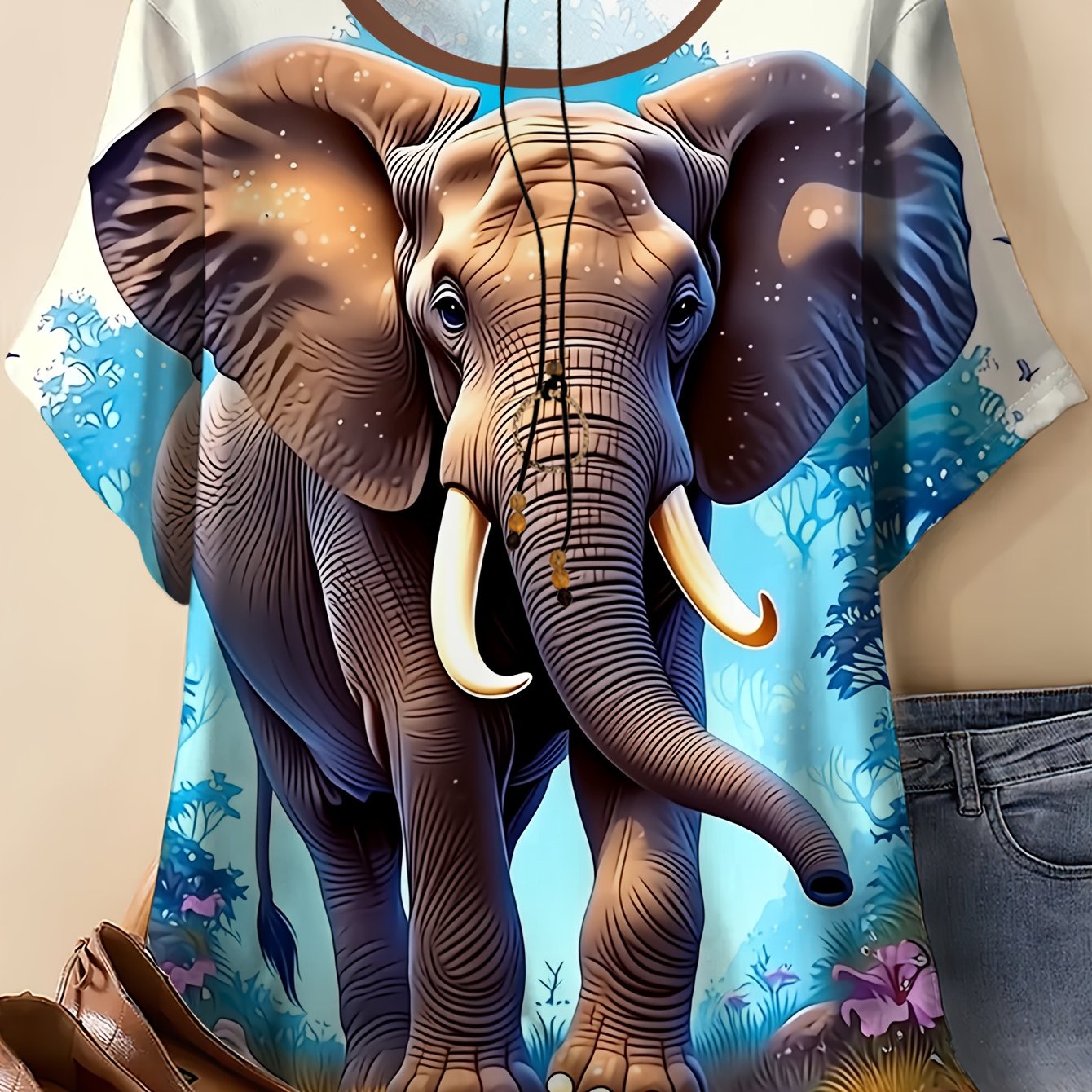 TEMU Plus Size - Plus Size - Plus-size Women's Casual And Travel Round-neck Short-sleeve T-shirt Featuring A Large Elephant Print - Made From