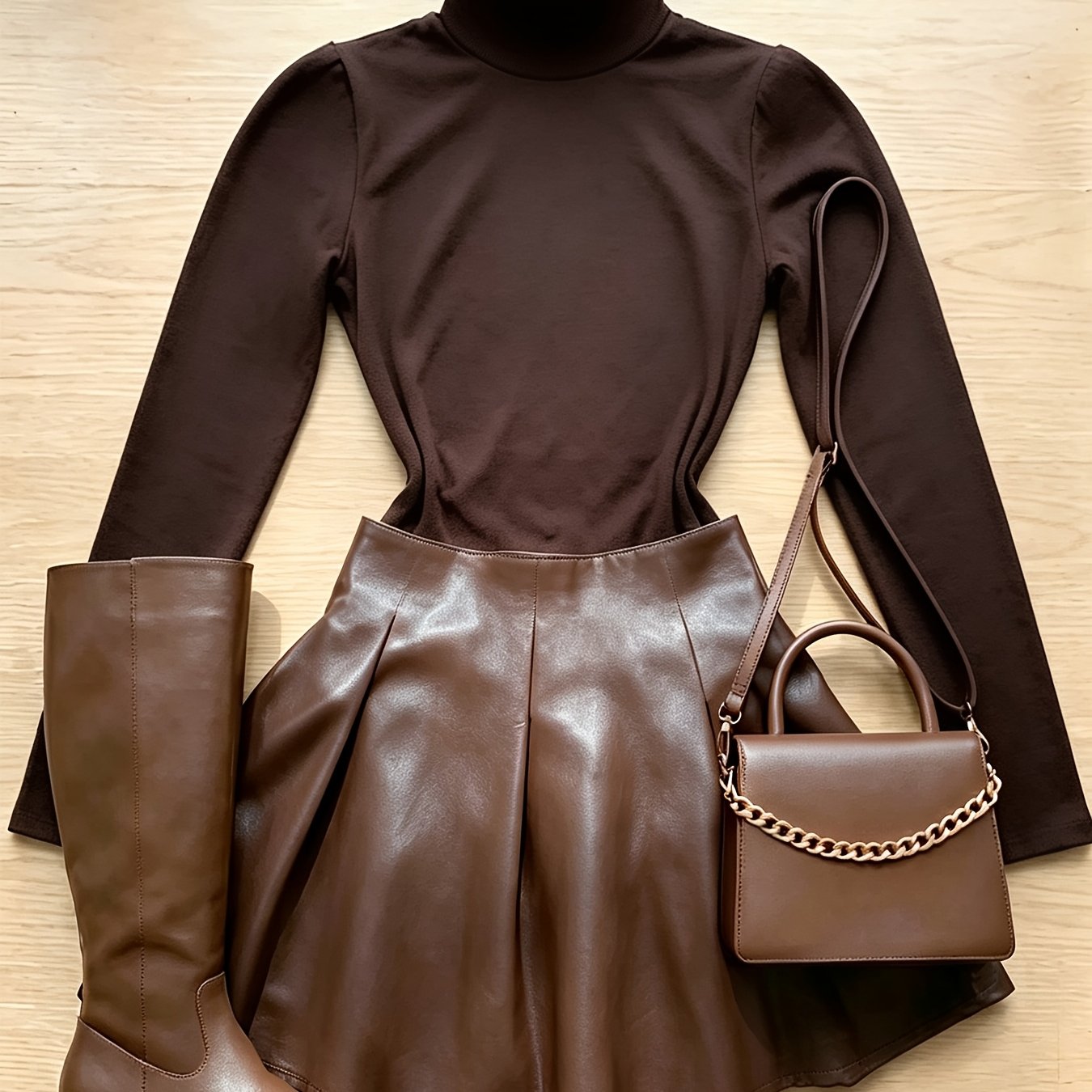 TEMU Ropa de de /otoño, conjunto elegante de top de larga con cuello y cintura ajustada y falda de PU con cremallera y en A, para fiestas de y ropa