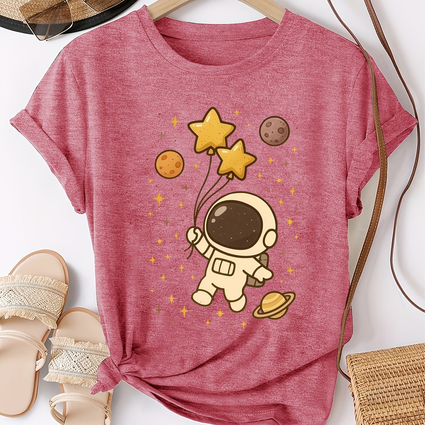 TEMU Women's Short Sleeve T-shirt With Space Astronaut & - Soft Breathable Fabric, Round Neck Casual Blouse, S-xxl Sizes For Casual Attire, Machine