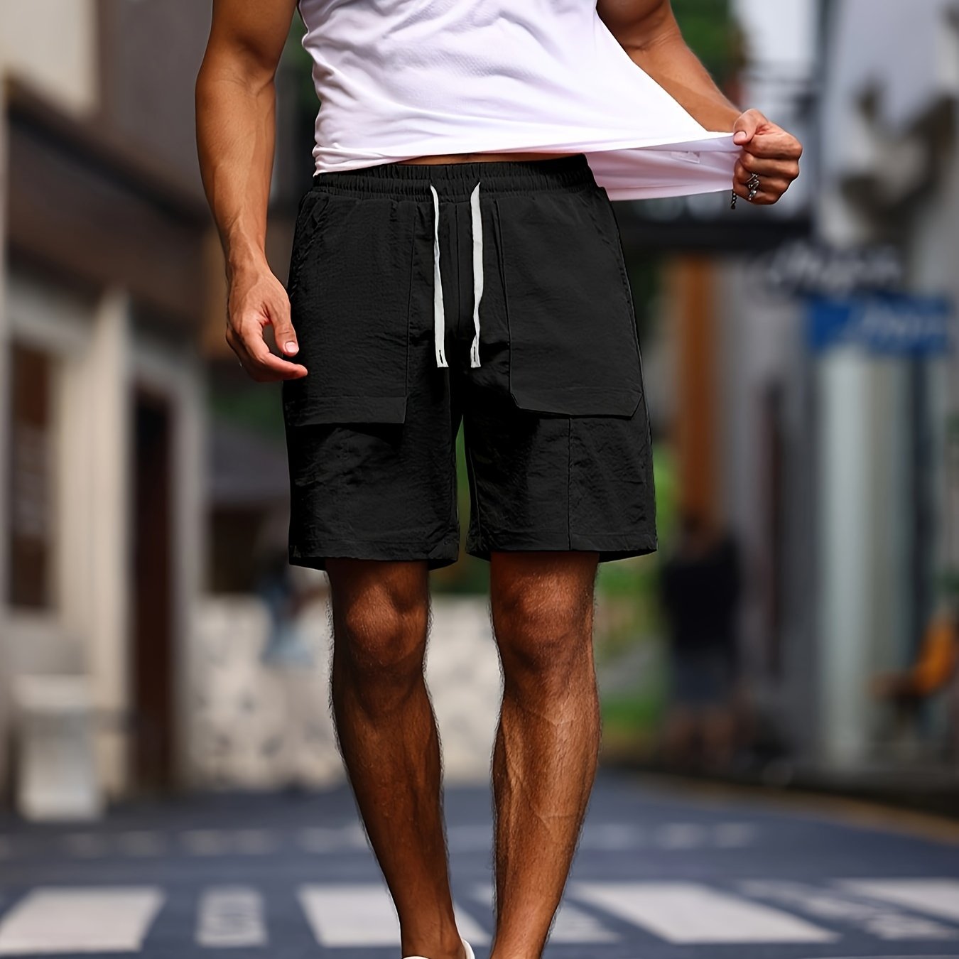 mens trendy solid cargo shorts with pockets drawstring shorts for summer beach resort jogging pants outdoor bermuda shorts