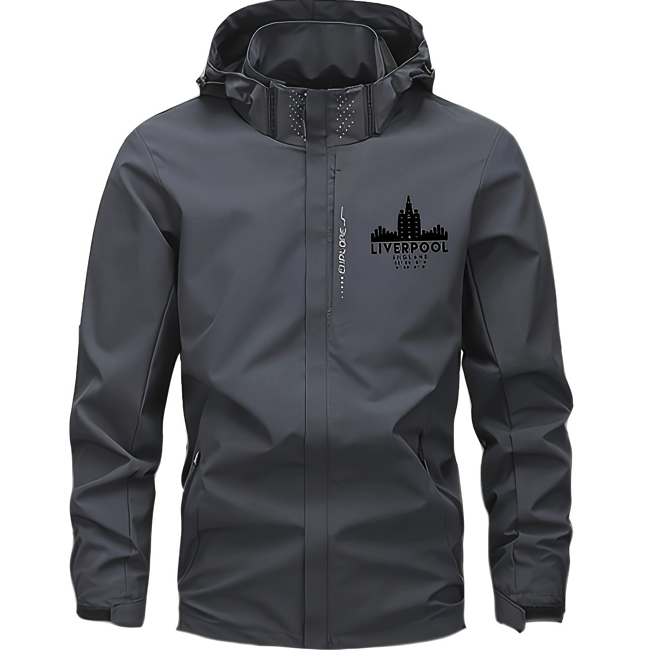 TEMU Men's Motorcycle Hooded Jacket With Detachable Hood And Zipper Closure - Full Zip Casual Outdoor Travel Coat, Letter Print Design, Machine