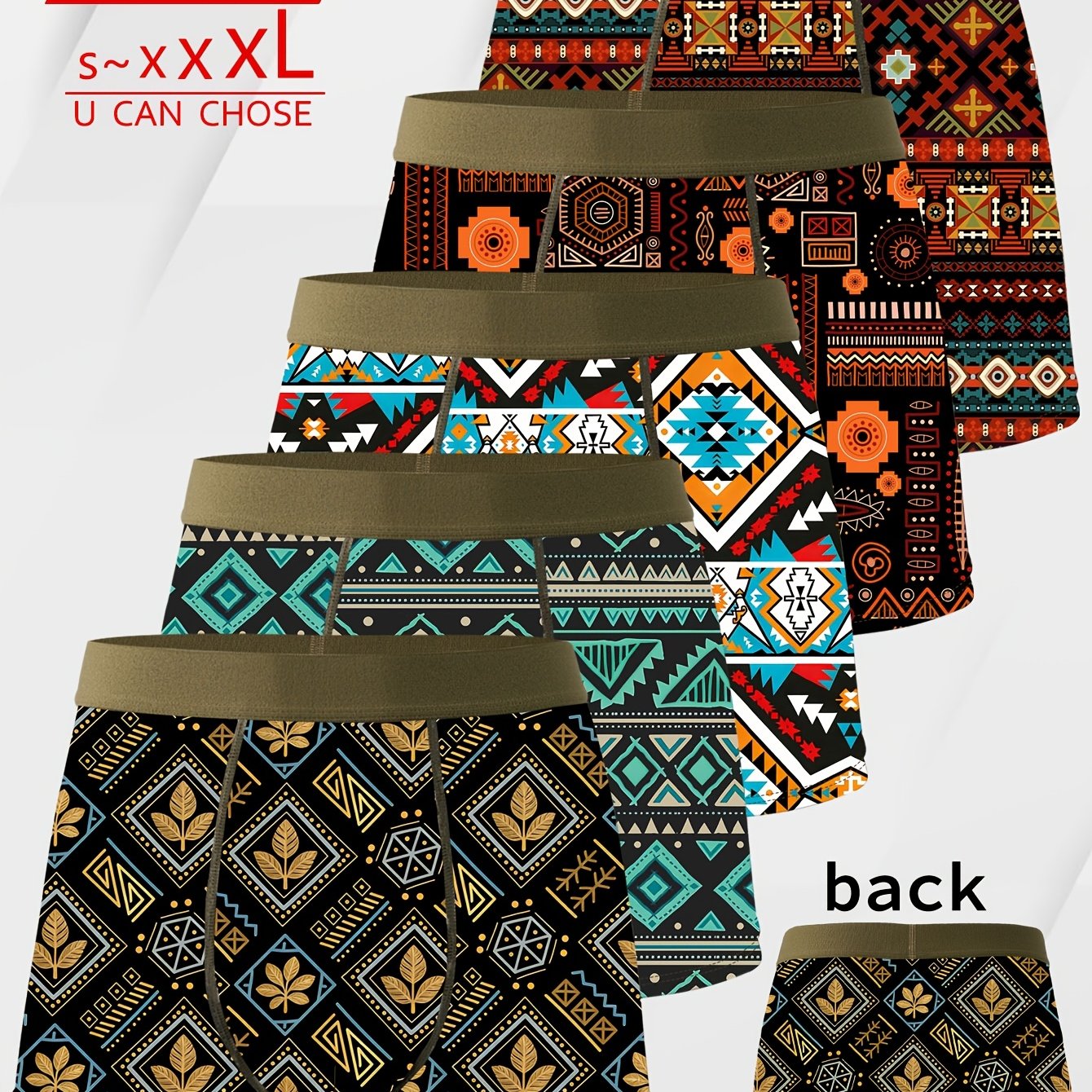 TEMU 5-pc Men's Novelty Shorts, Ethnic Geometric Print Men's Boxer Briefs, Bohemian Diamond Lattice Men's Shorts, Knitted Fabric, Army Green Jacquard
