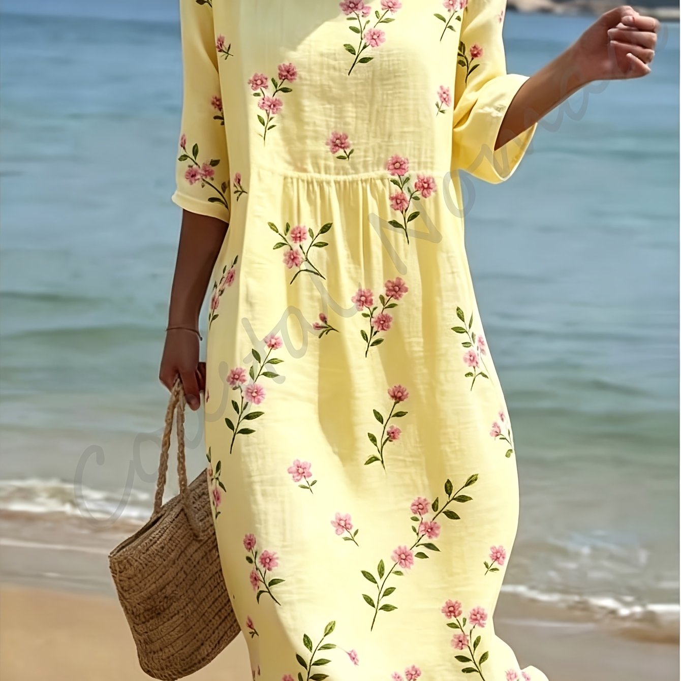 Image of Women's Summer Dress, Round Neck, Three-quarter Sleeves, Polyester Fabric, 2d Floral Print. Loose And Comfortable, Suitable For Vacations, Casual Occasions.