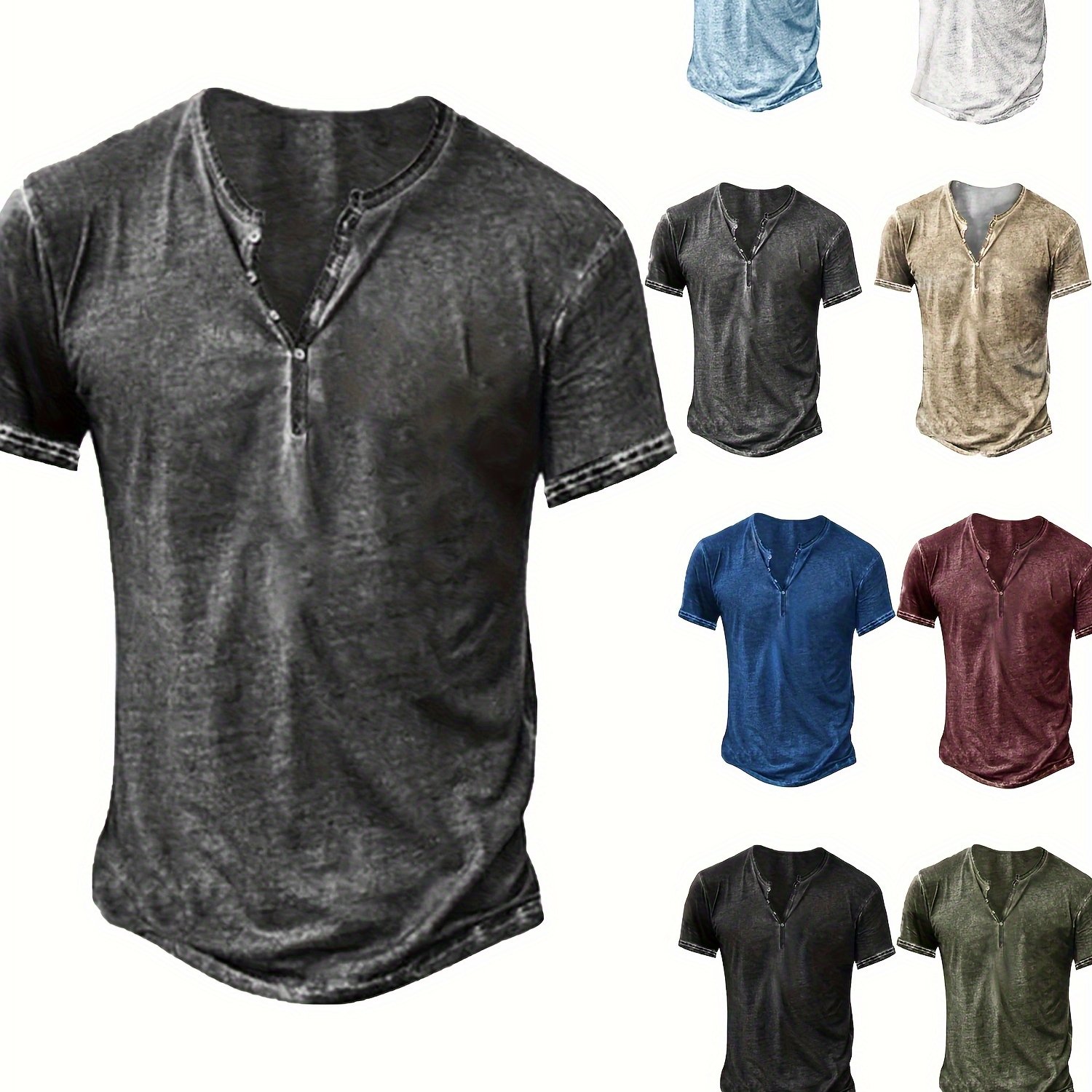 TEMU 100% Men's Distressed Henley Shirt - Slim Fit Short Sleeve Button-up T-shirt With V-neck And Detailing, Machine Washable Casual Shirt In Olive