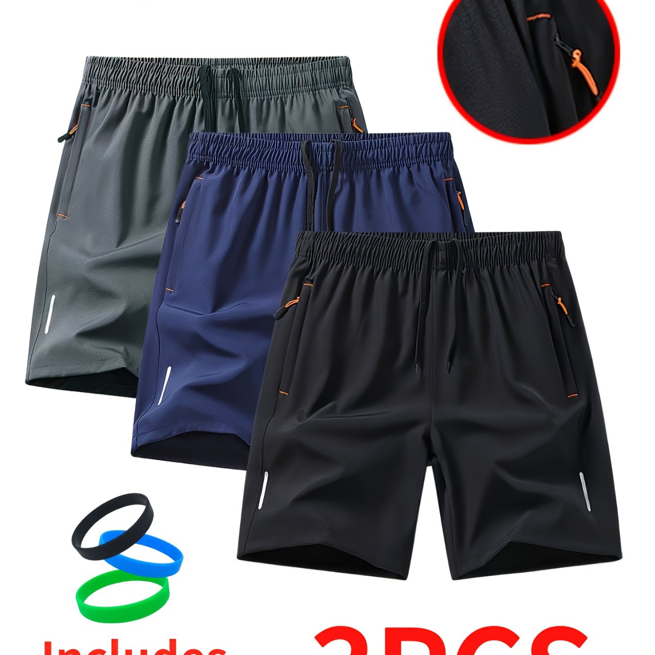 TEMU 3pcs Men's Stylish Athletic Shorts, Black Drawstring Design, Zipper Pockets, (includes Wristband)ideal For Summer Workouts And Outdoor Activities, Plus Size Shorts