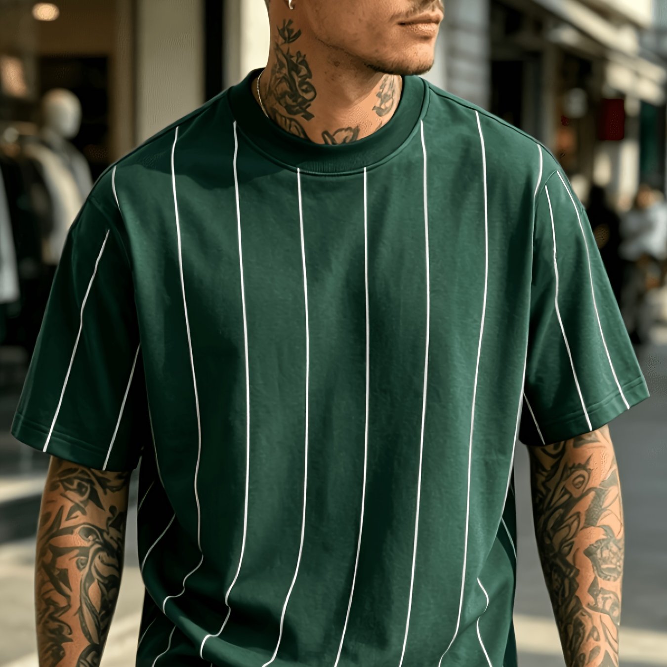 TEMU [printed Design-not Textured] Easy Dark Green Pinstripe Basic Men's Short Sleeve 2026 New Summer Casual Top Suitable For Home And Outdoor