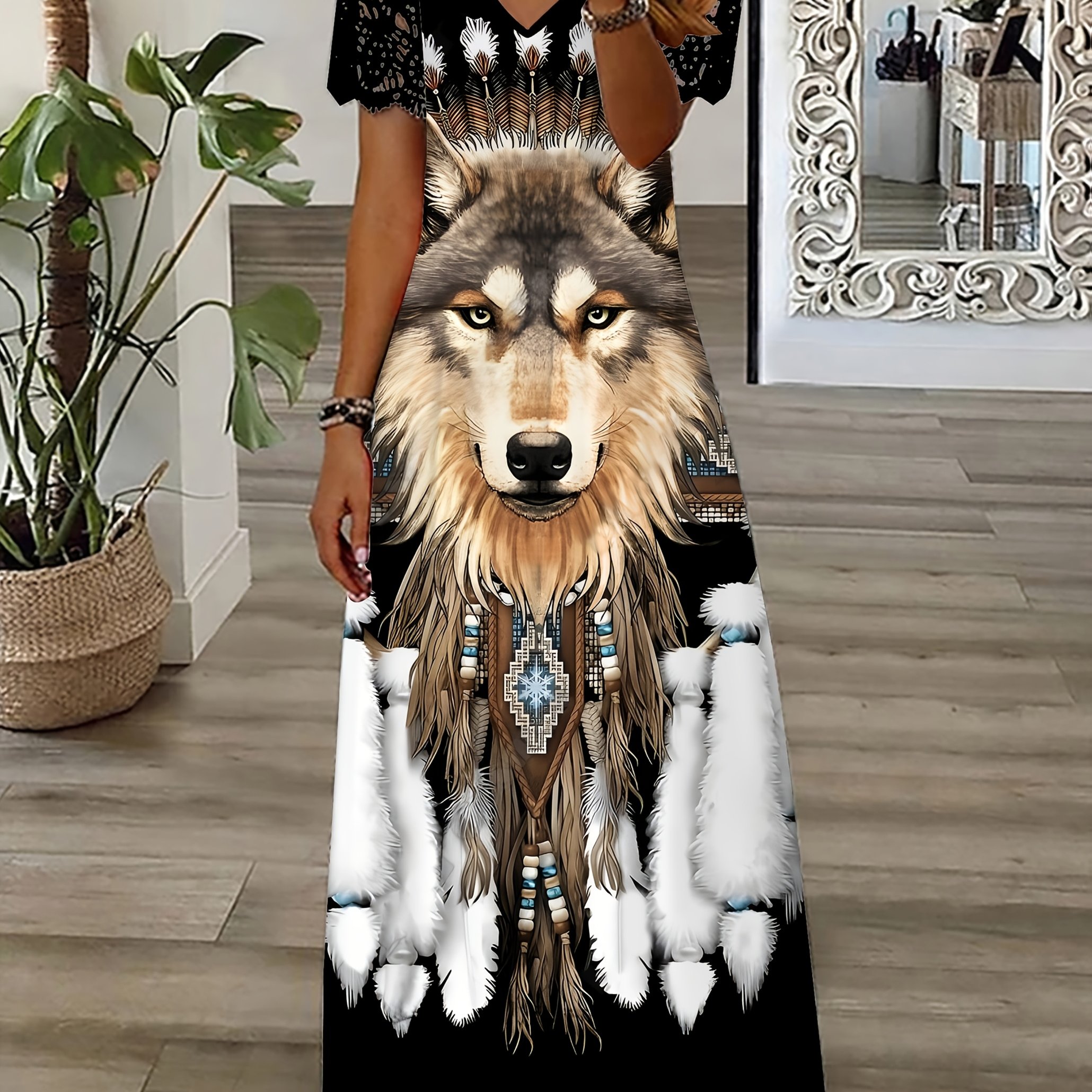 Elegant Lace Sleeve Printed Dress, Trendy New Animal Print Long Skirt