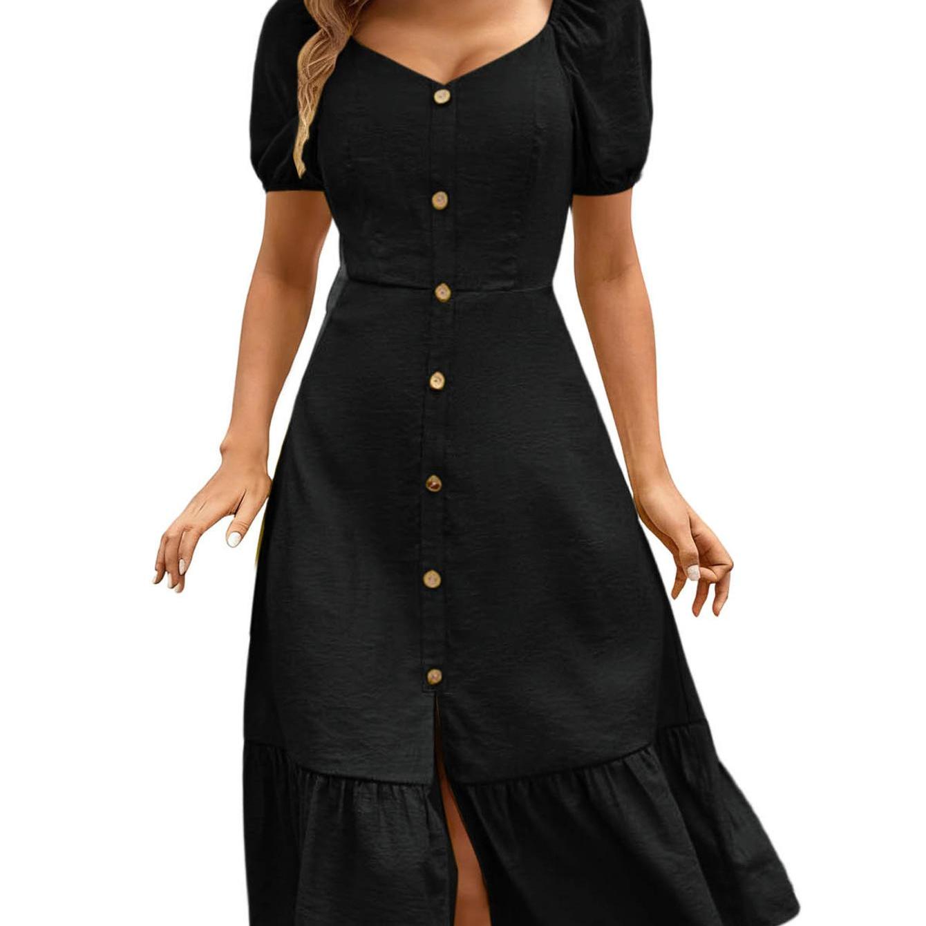 Image of Women's Short Sleeve Button Midi Dress A Line Dress With Ruffle Hem, Casual Summer Dress