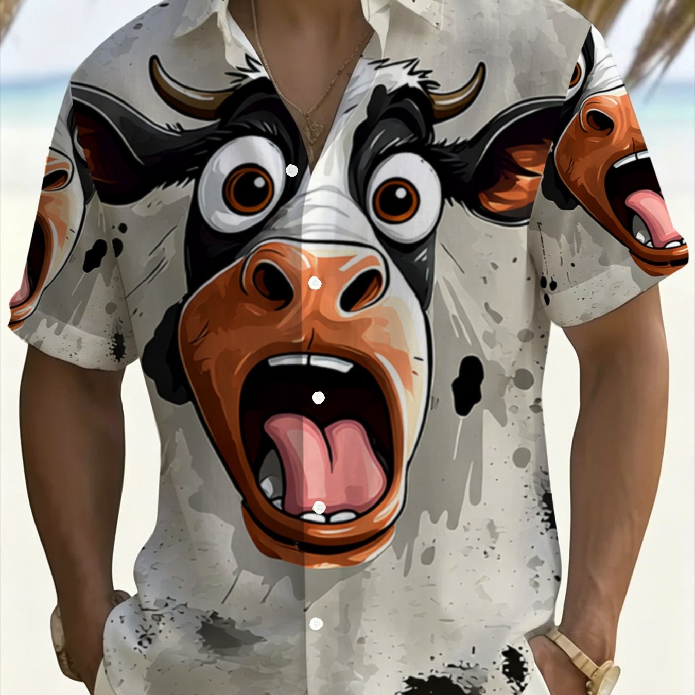 TEMU Printed Design - Not Textured] 2026 Summer New Arrival Men's Plus Size Shirt, Cartoon Cow Print Plus Size Short Sleeve Shirt, Men's Hawaiian
