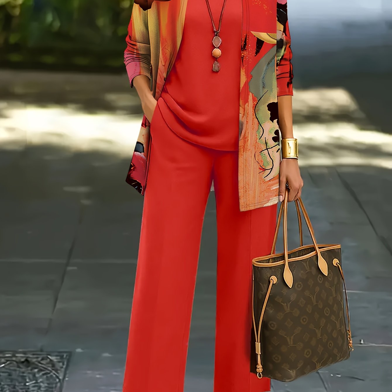 Image of Casual Elegant Women's Printed Pants Set For Commuting: Vest And Jacket With Plant Print, Women's Wide-leg Trousers