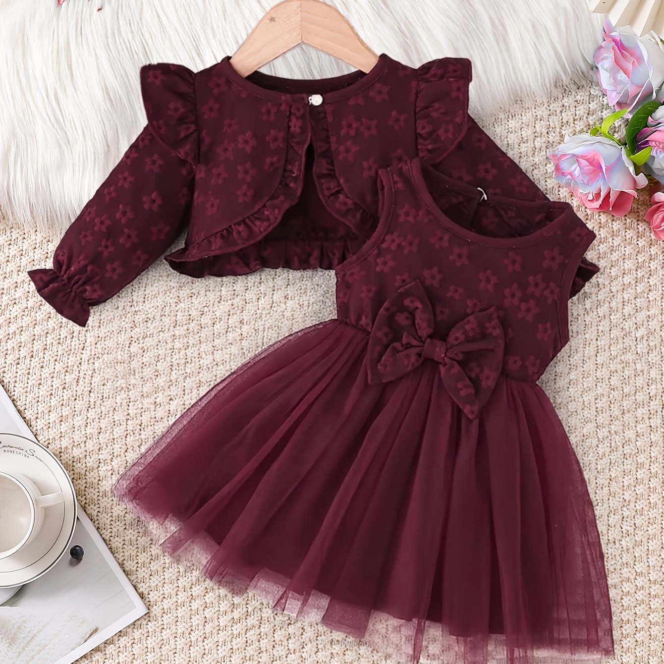 2pcs Set: Baby Girl European And Cardigan Top + Bow Waist-cinching Dress, Spring, Autumn, Winter Clothing. Baby Girl Cute Floral Pattern Outerwear With Mesh Splicing Dress, For Outdoor