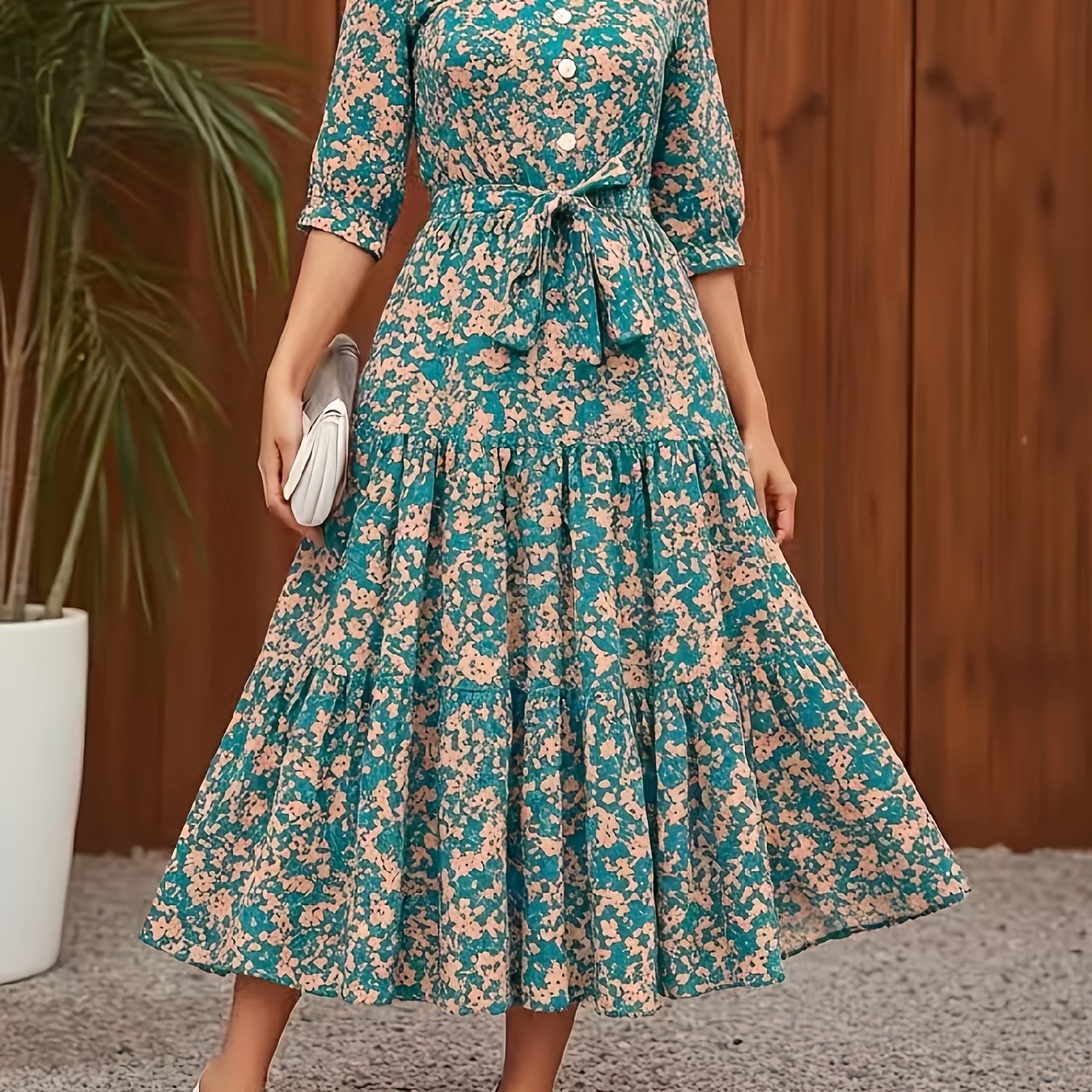 TEMU Elegant Casual Street Round Neck Three-quarter Sleeve Spring And Autumn Dress Spring Summer Dress