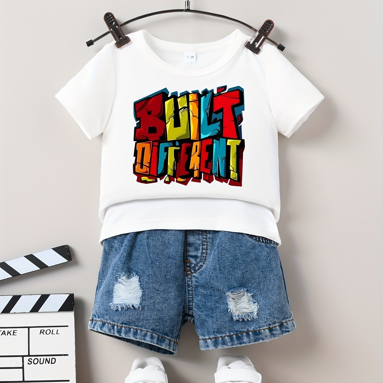 Image of Children's Eden 0-3 Years Old Letter Print White Short Sleeve Denim Shorts Set, For Outdoor