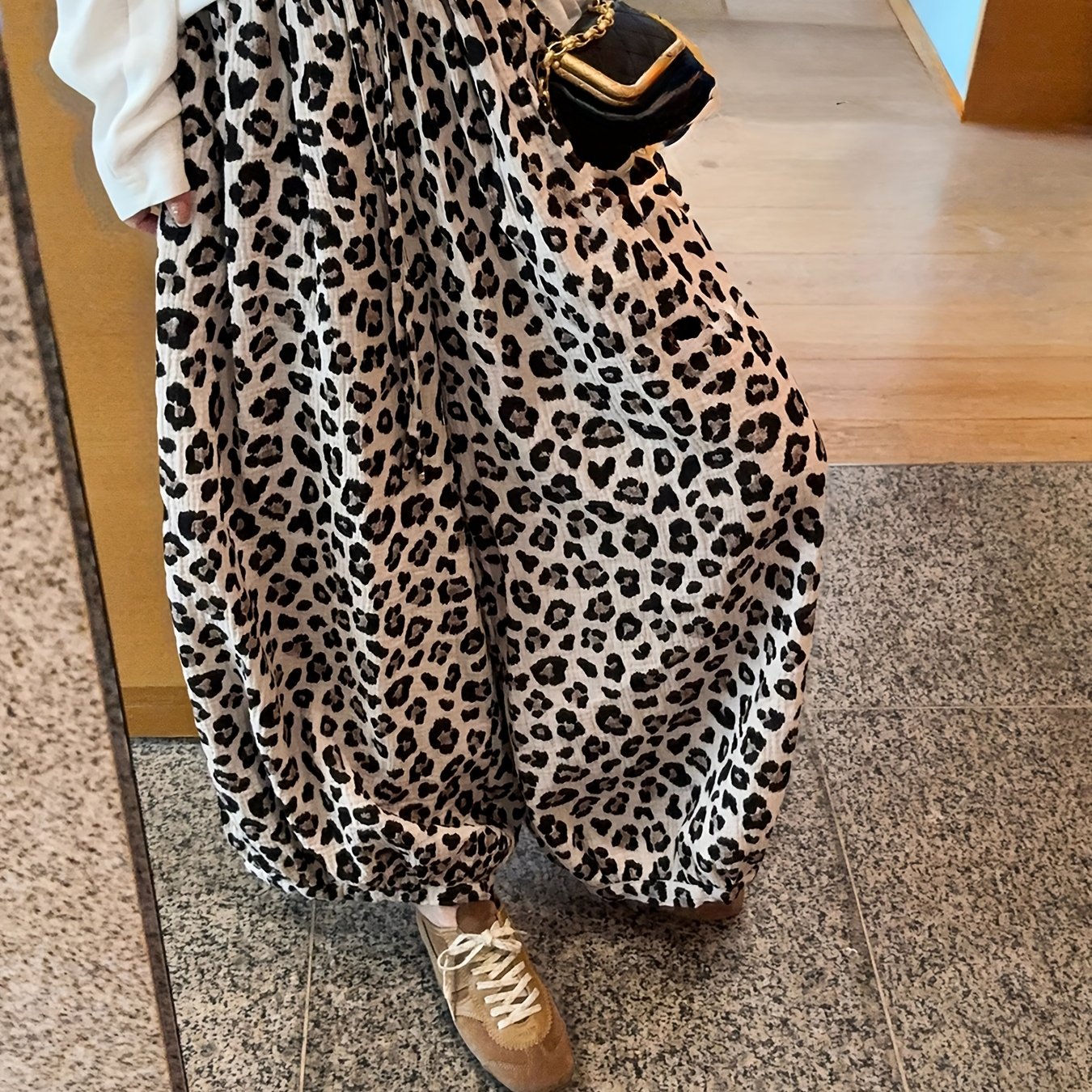 E-shop 2025 Damen-Hose mit hoher Taille, Pendler-Stil, lockerer Schnitt, Leopardenmuster, atmungsaktiv, lässig, Cropped-Wide-Leg-Hose für den Sommer