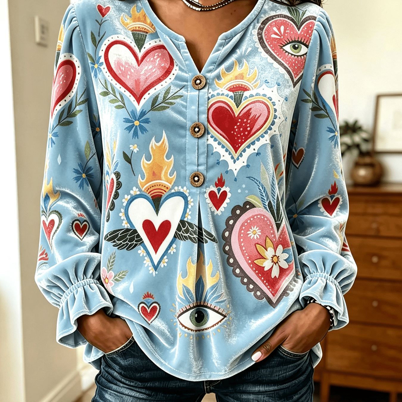 Image of Plus Size Women's Autumn, Vintage Love Print, Cuffs Collar Decorative Buttons, Long Sleeve Velvet Pullover, Loose Casual