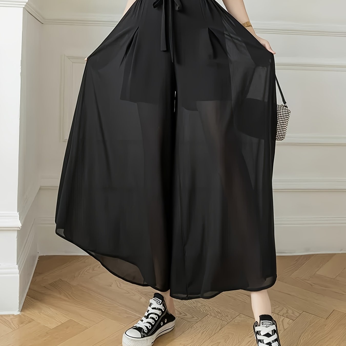 E-shop Sommer Neu Chiffon Weitbein Skort mit Bindegürtel, Modischer Elastischer Bund, Leichter Vielseitiger Capri Skort für Damen