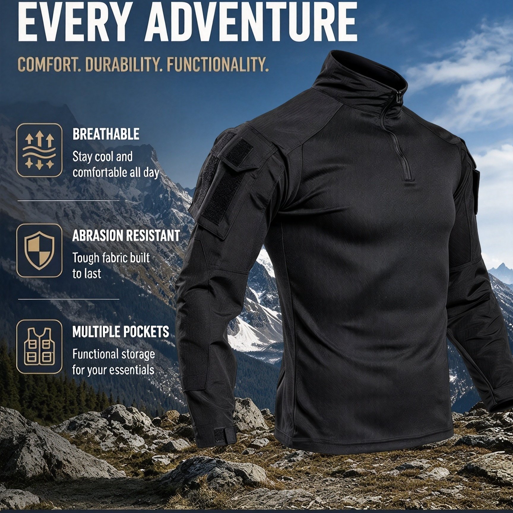 TEMU T-shirt à manches longues pour homme, tenue de combat tactique d'extérieur, chemise de chasse durable et respirante, vêtement de travail